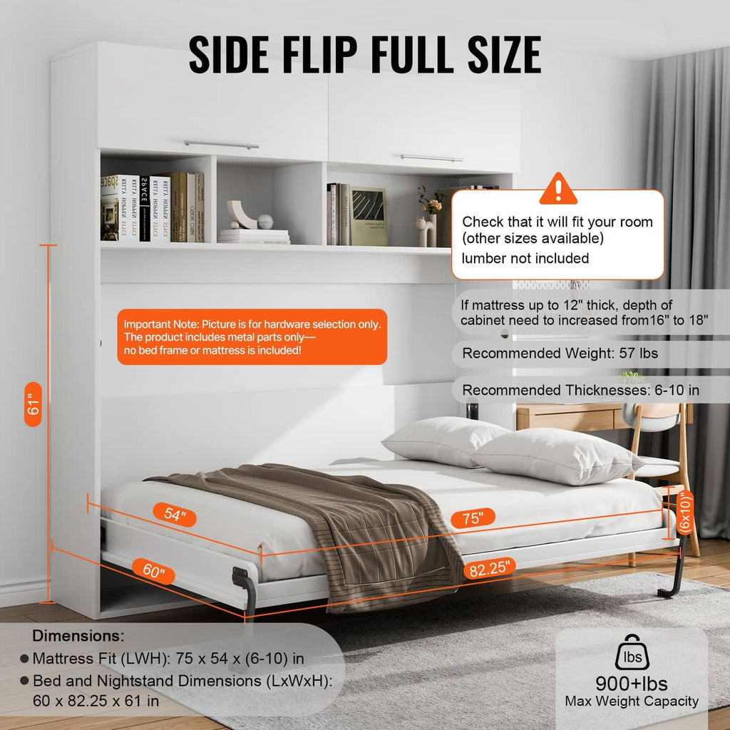 Murphy bed frame pulled out with side flip design and labeled size dimensions