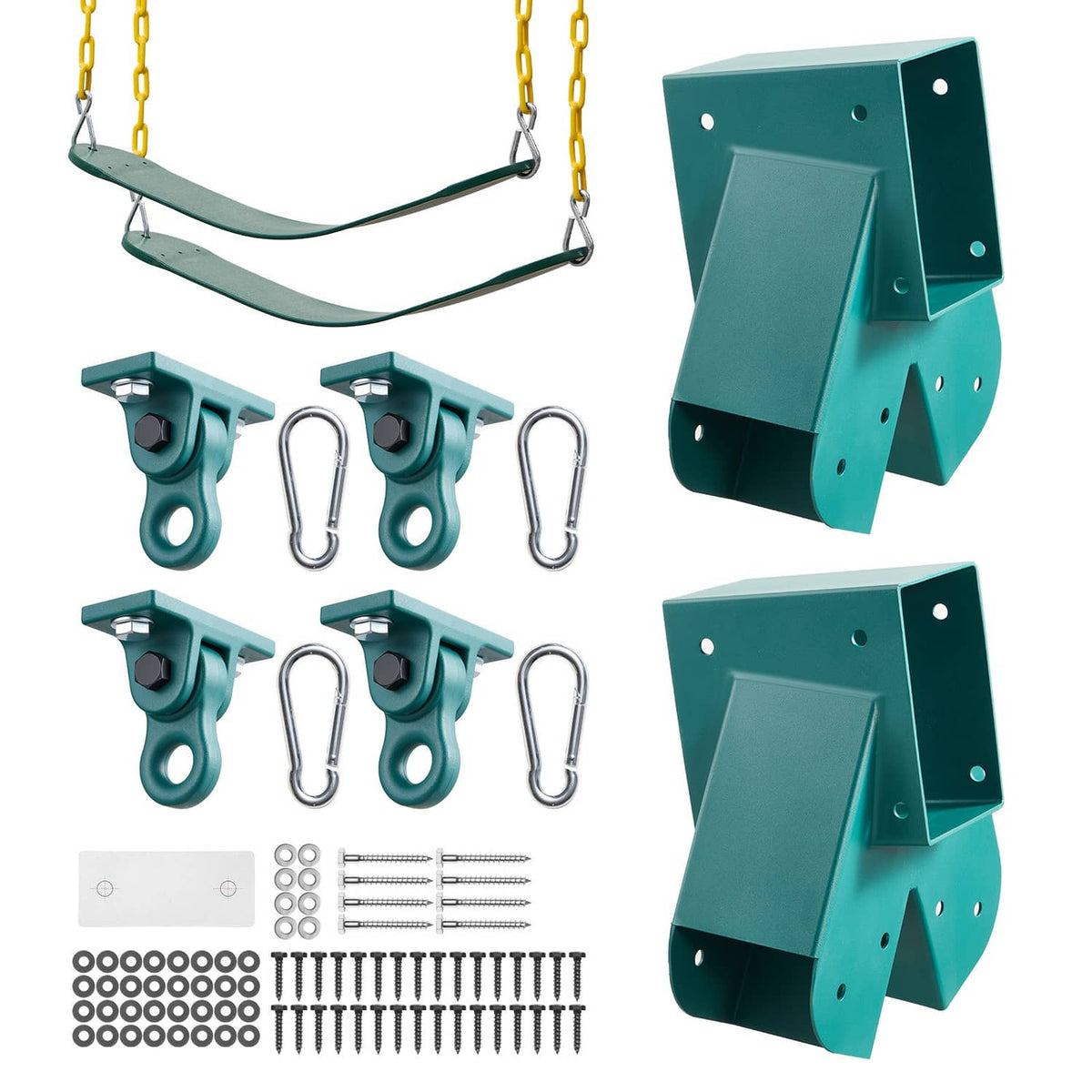 Teal A-frame swing set bracket kit with four hangers, carabiners, and bolts