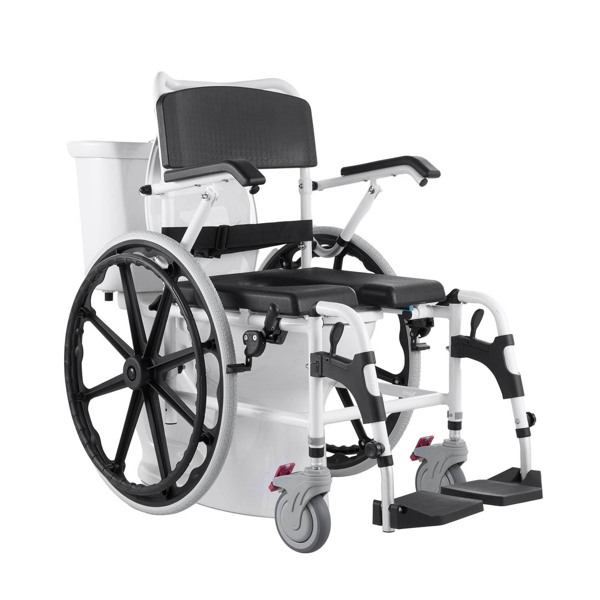 Aluminum shower wheelchair with black seat and back, white frame, large black wheels