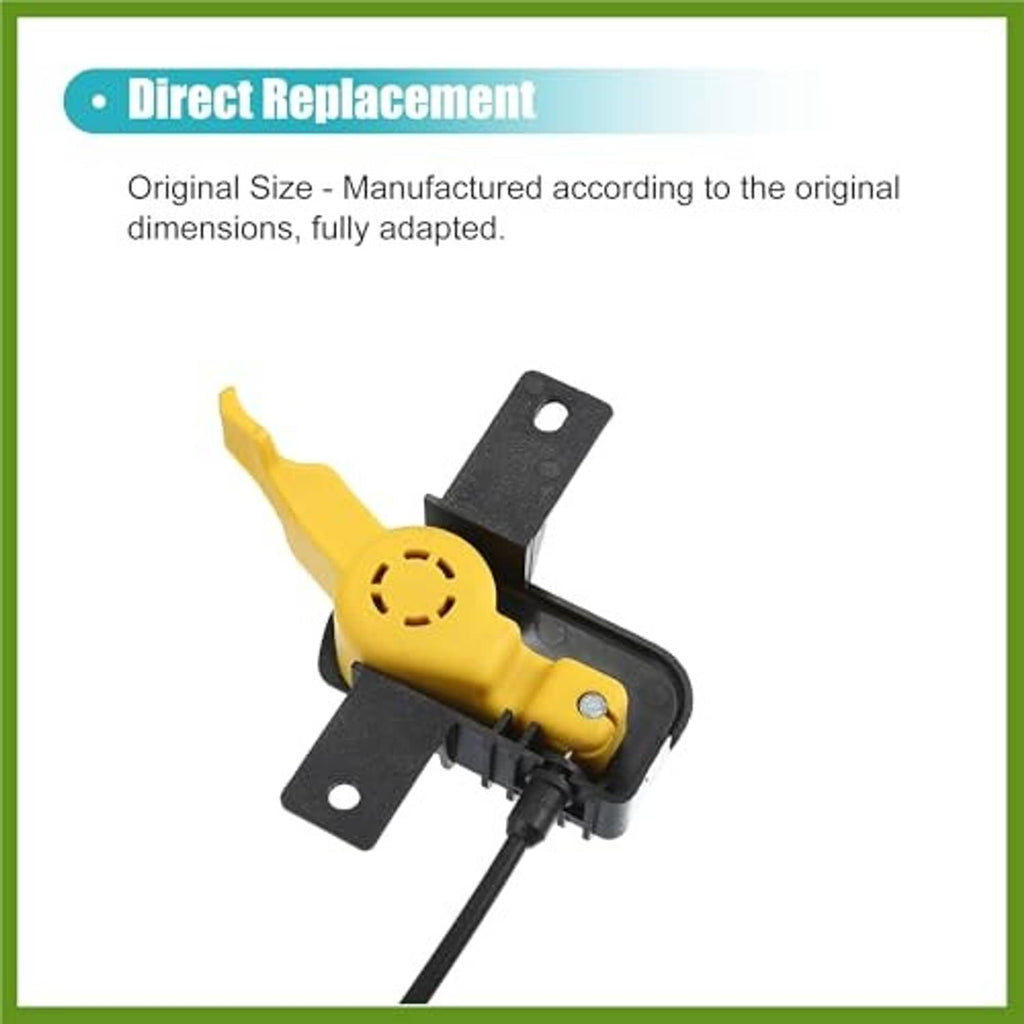 Hood release cable latch with yellow lever, black mounting brackets, and cable end