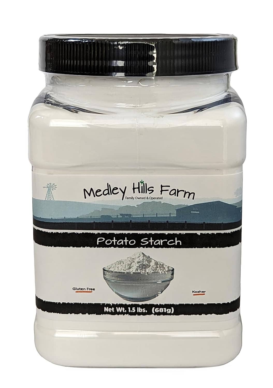 Reusable potato starch jar, white container and black cap with front branding.