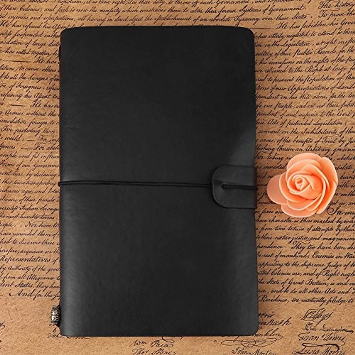 Black PU leather journal notebook front cover with buckle strap and vintage paper pages