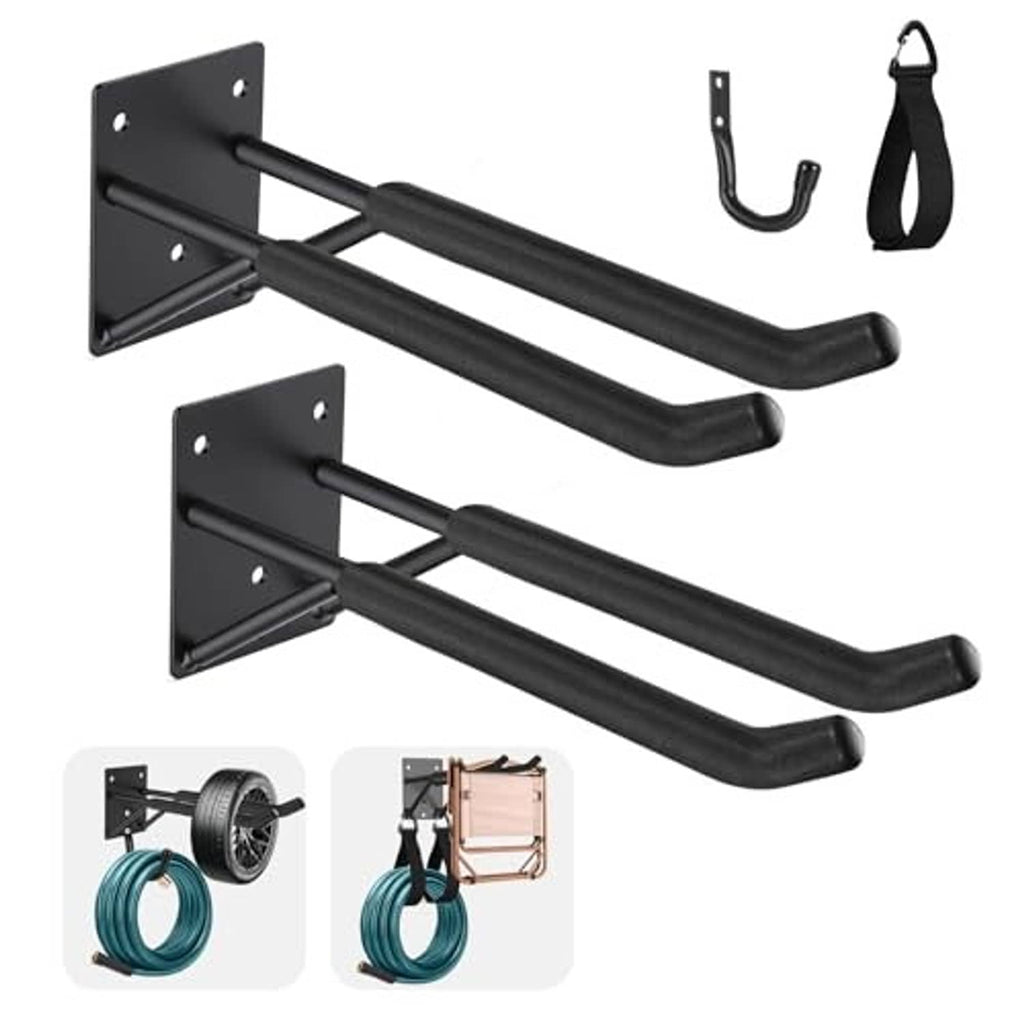 Pair of double garage hooks in black with wall-mount plates and included hook accessories