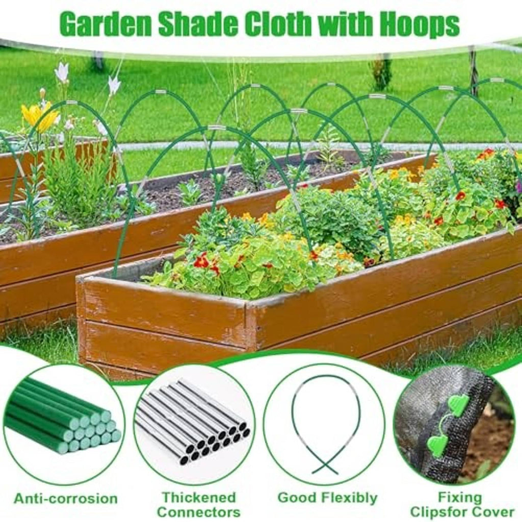 Garden shade cloth with hoops over raised bed, dark fabric cover and green curved hoop supports