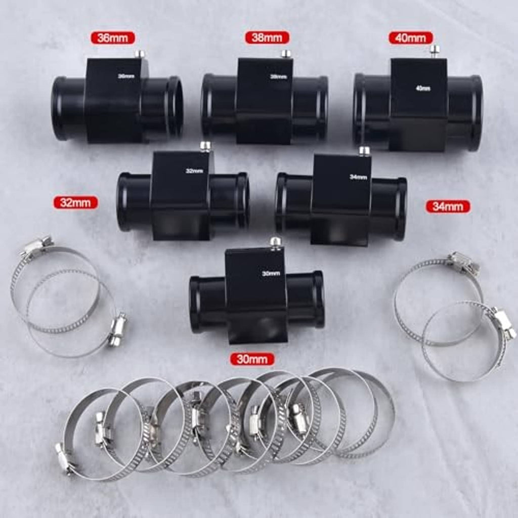 Assorted black aluminum radiator hose connectors and multiple metal hose clamps set