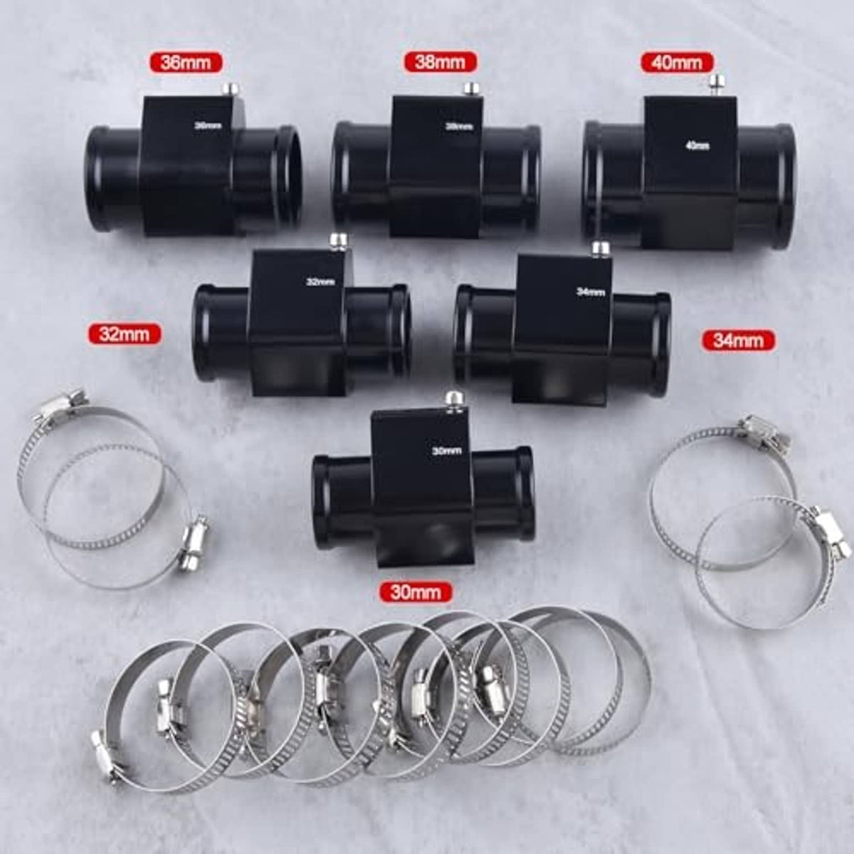 Assorted black aluminum radiator hose connectors and multiple metal hose clamps set