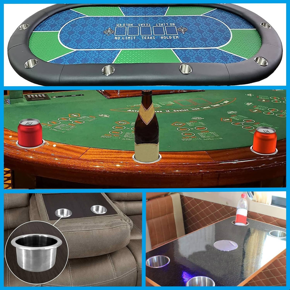 Stainless steel anti-spill cups on a poker table, cup holders with open interiors