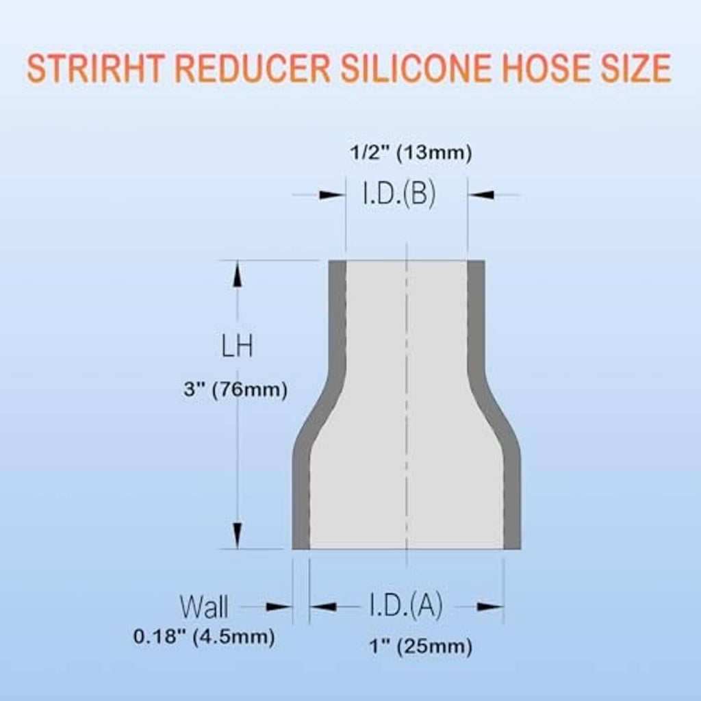 Straight silicone reducer cross-section, 1/2 in to 1 in hose size diagram.