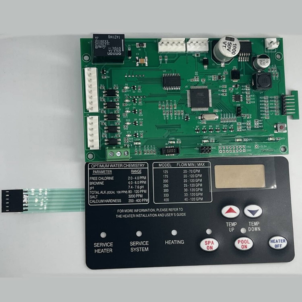 Green PCB control board with LCD display window, buttons, and ribbon connector