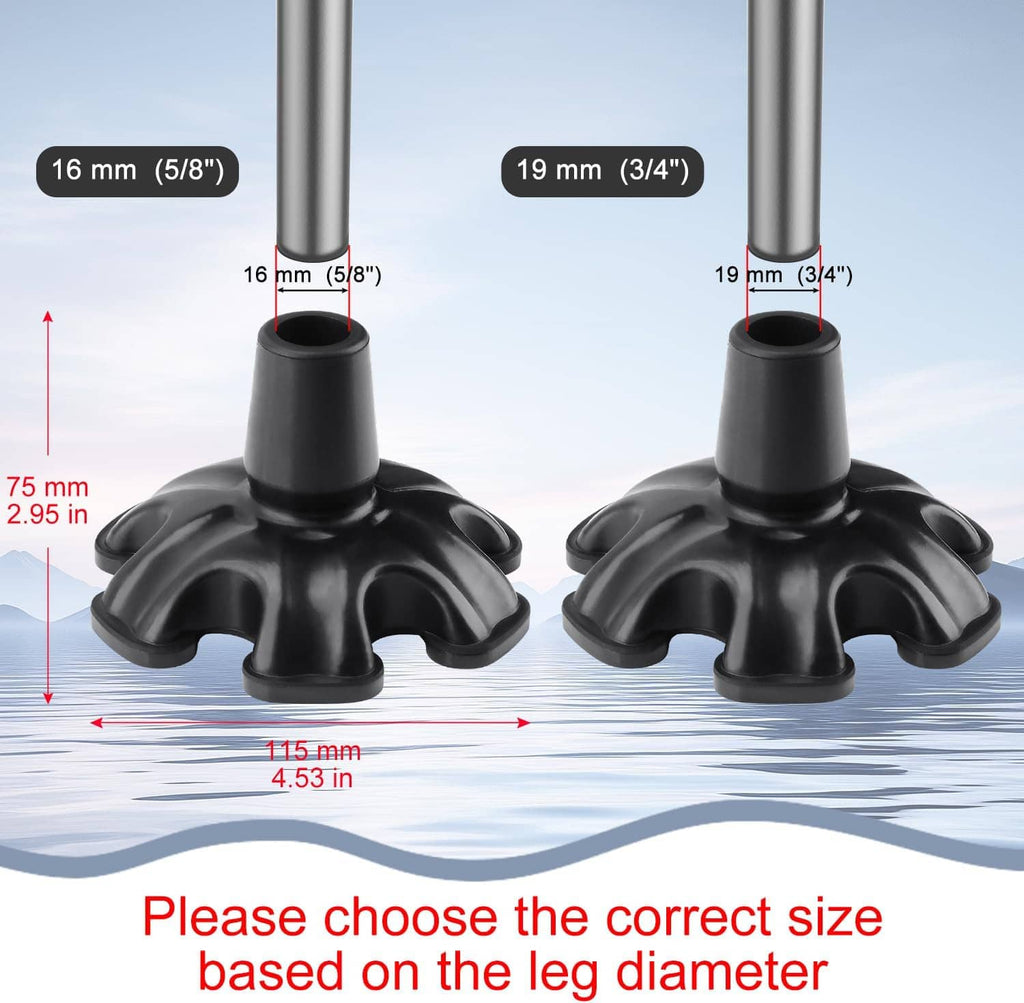 Black rubber cane tip showing prong base and sizing measurements for cane leg diameter