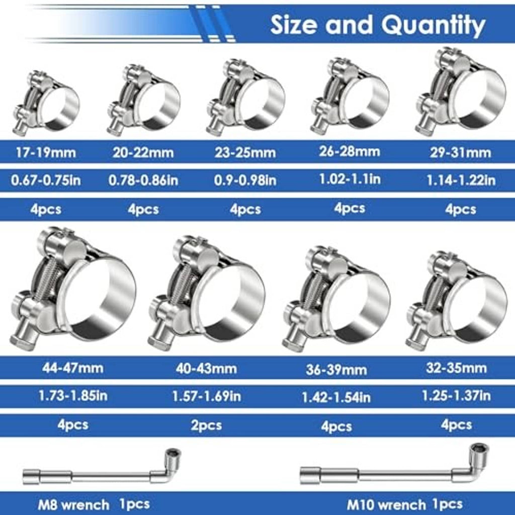 Nine-size stainless T-bolt hose clamps shown with size labels and included wrenches