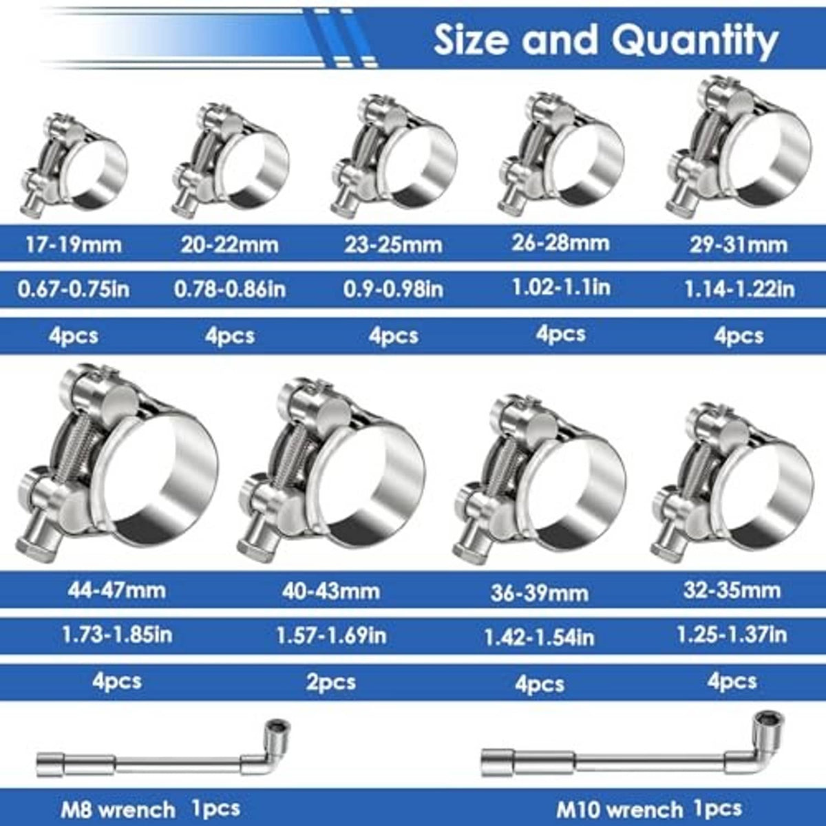 Nine-size stainless T-bolt hose clamps shown with size labels and included wrenches
