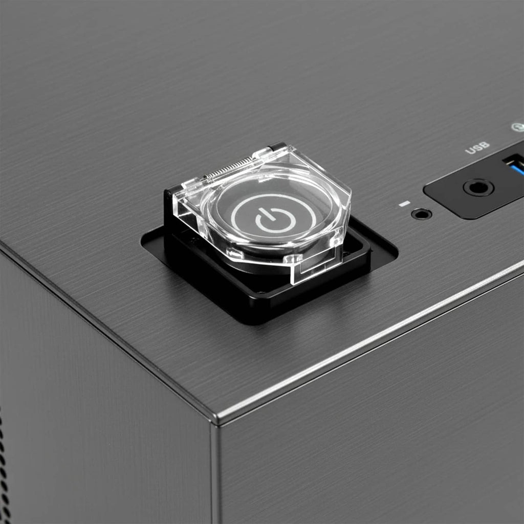 PC power button switch cover installed on device panel, clear ring on black base