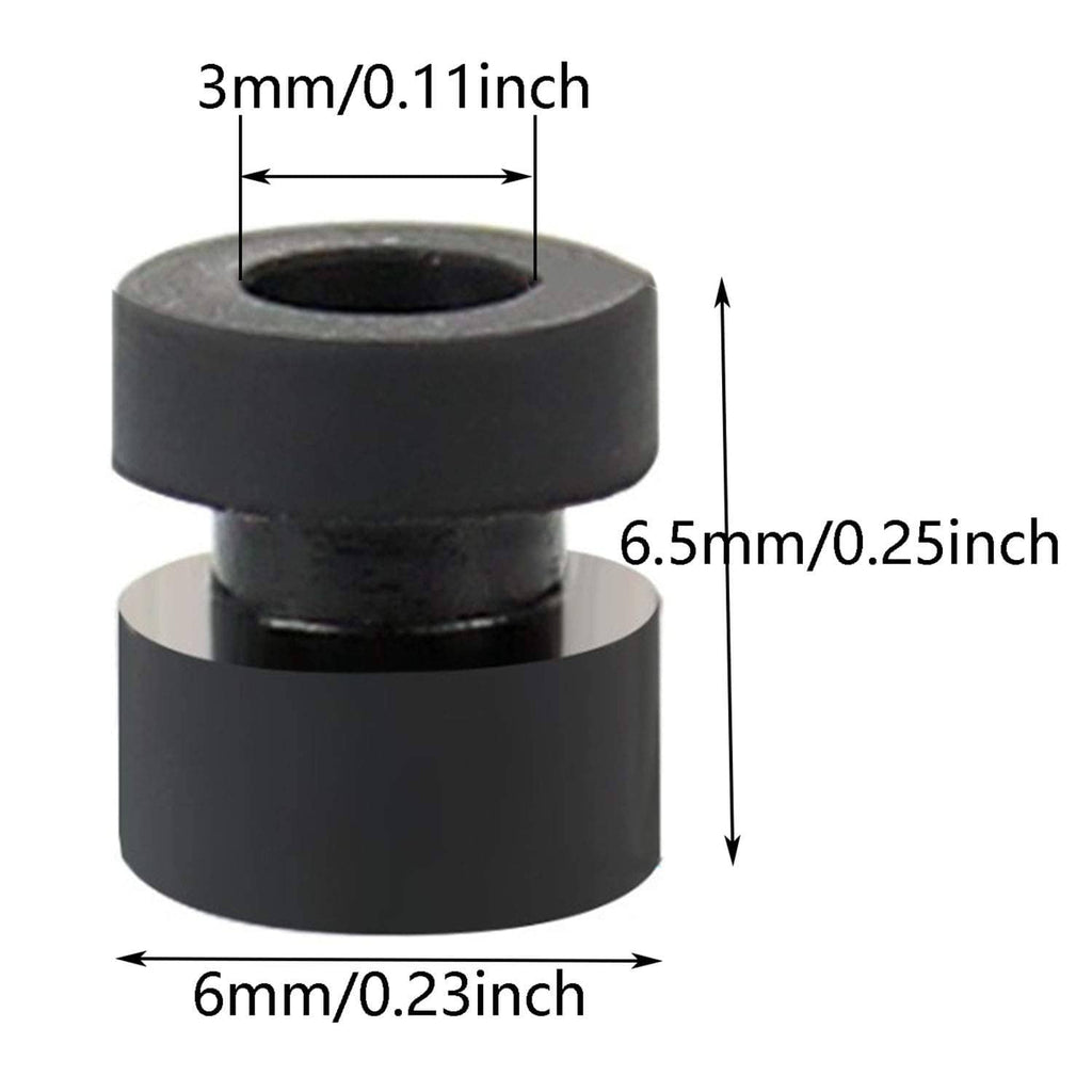 Black cylindrical anti-vibration ball standoff with labeled dimensions and center hole