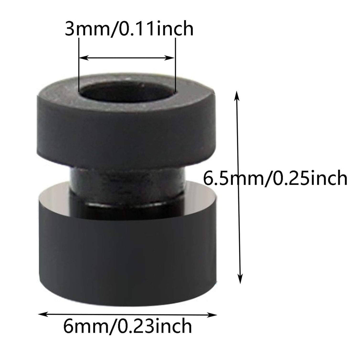 Black cylindrical anti-vibration ball standoff with labeled dimensions and center hole