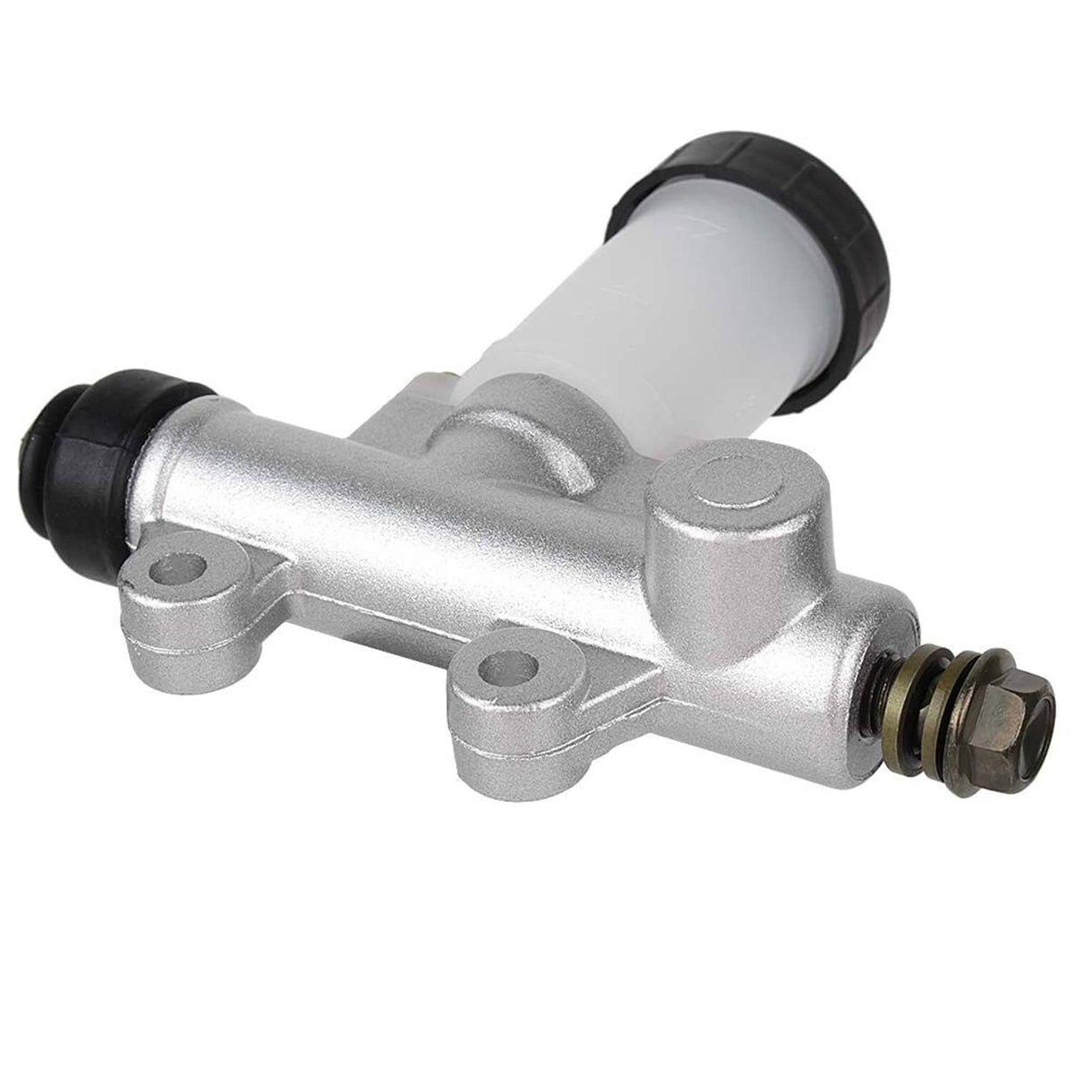 Angled view of go-kart brake master cylinder, silver housing and white reservoir