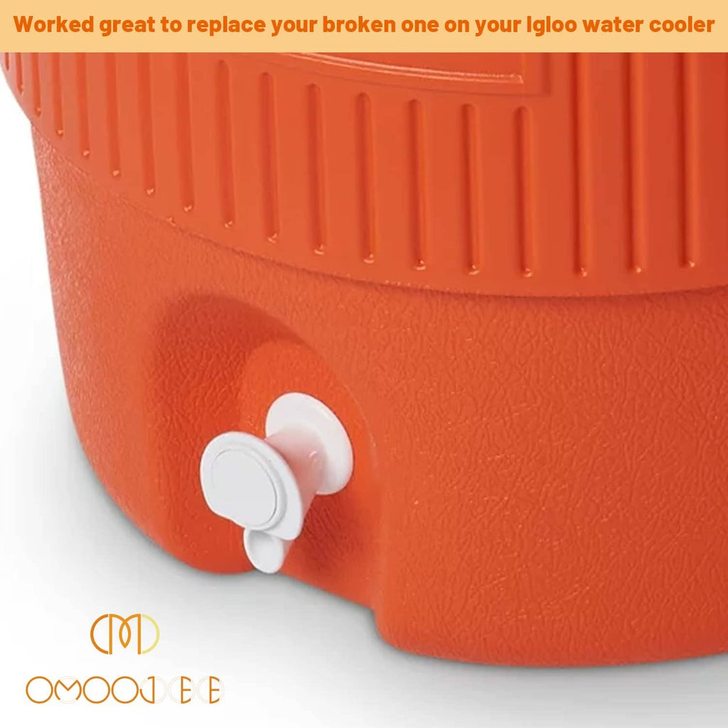Push-button cooler spigot tap with white knob on orange tank