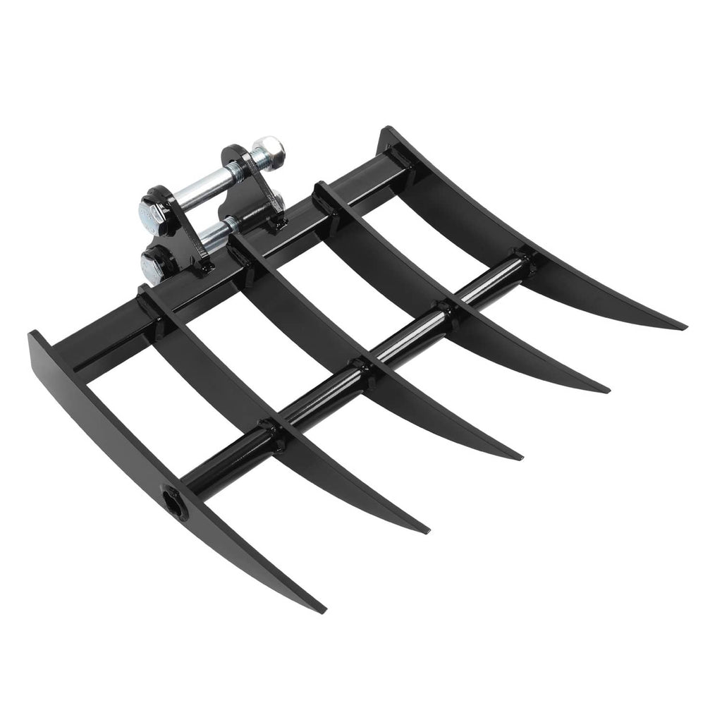 Mini excavator attachment rake with black curved tine guard and five pointed teeth