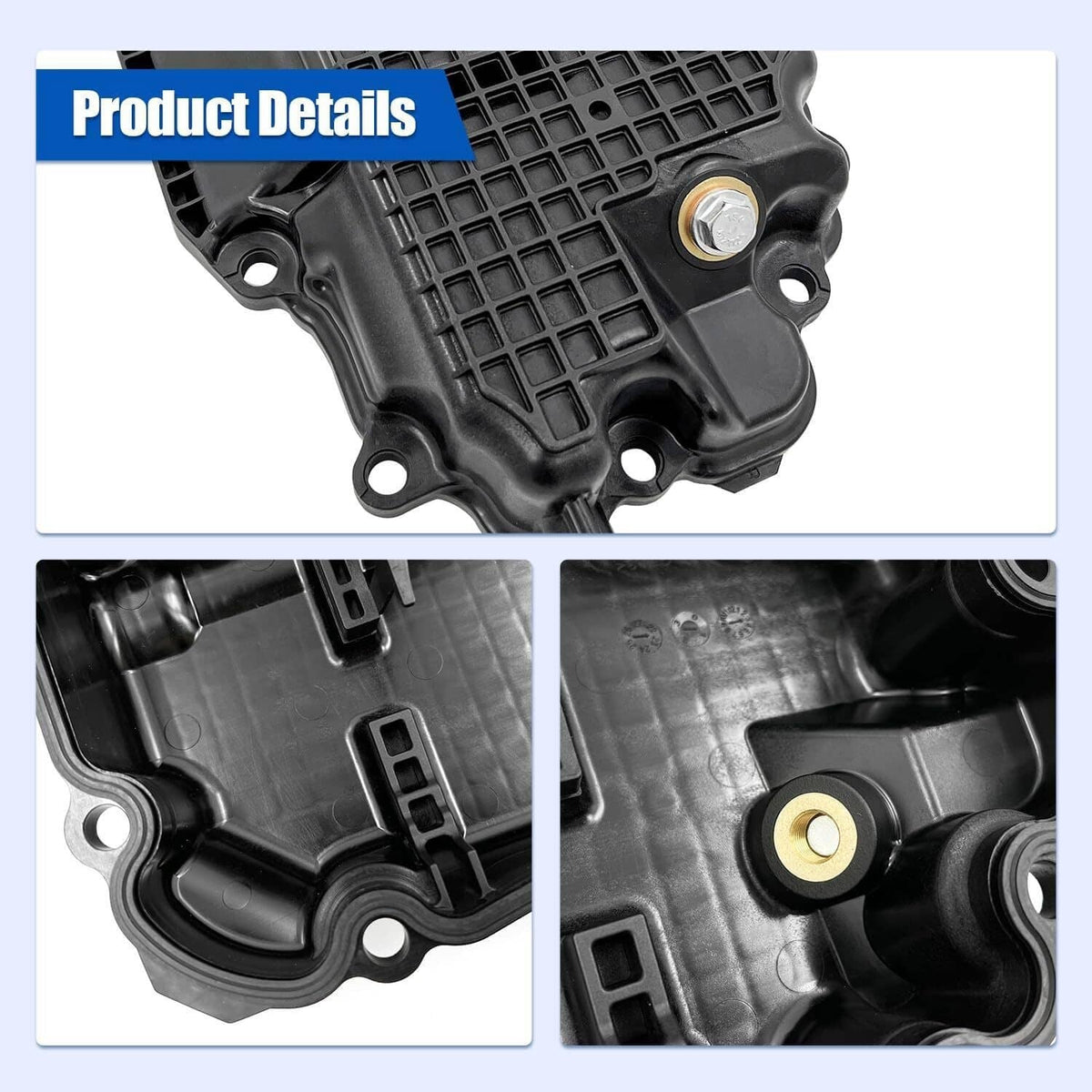 Engine oil pan with gasket, black plastic housing close-up with round fastener boss
