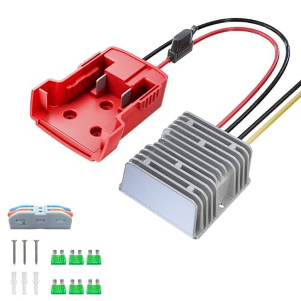 Iixwuq 18V to 12V step-down converter adapter with red housing, heat-sink, wire leads