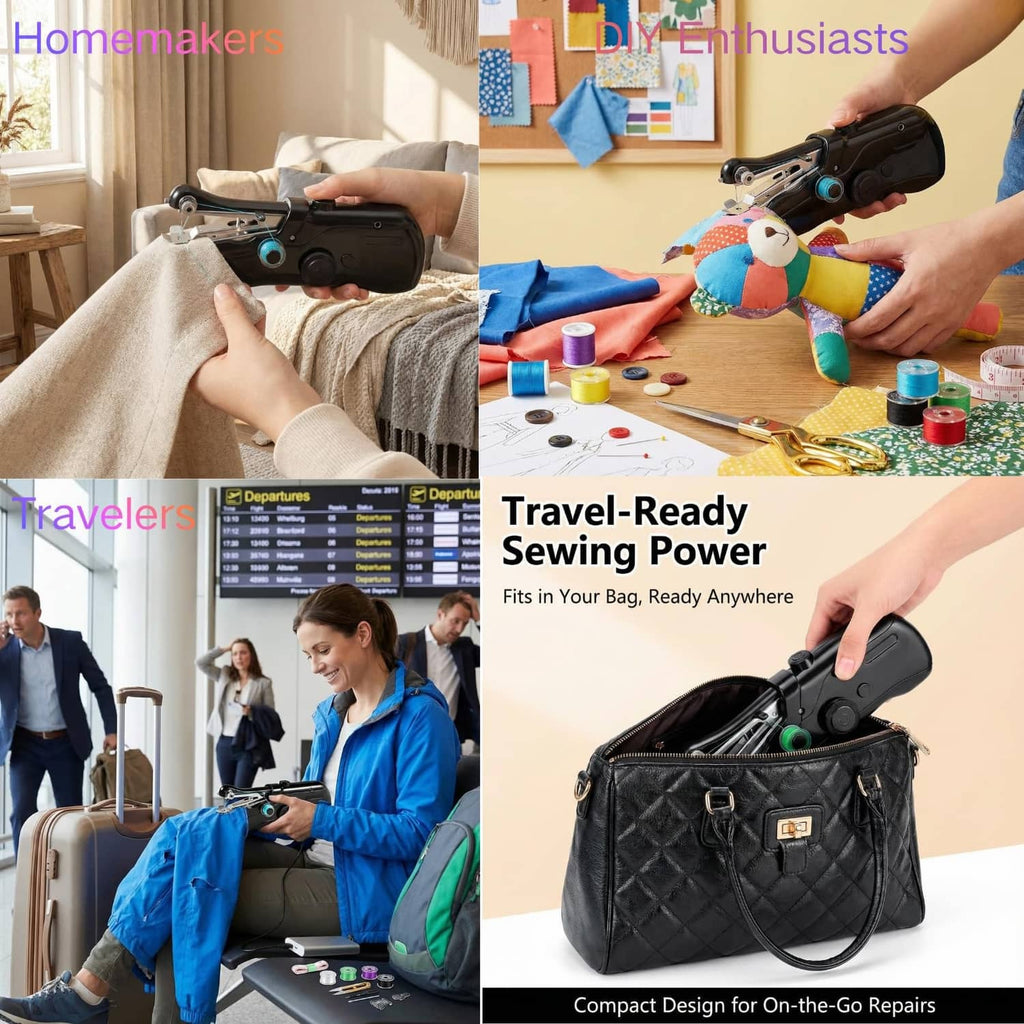 Black handheld sewing machine on the go inside a bag, shown in use by hands