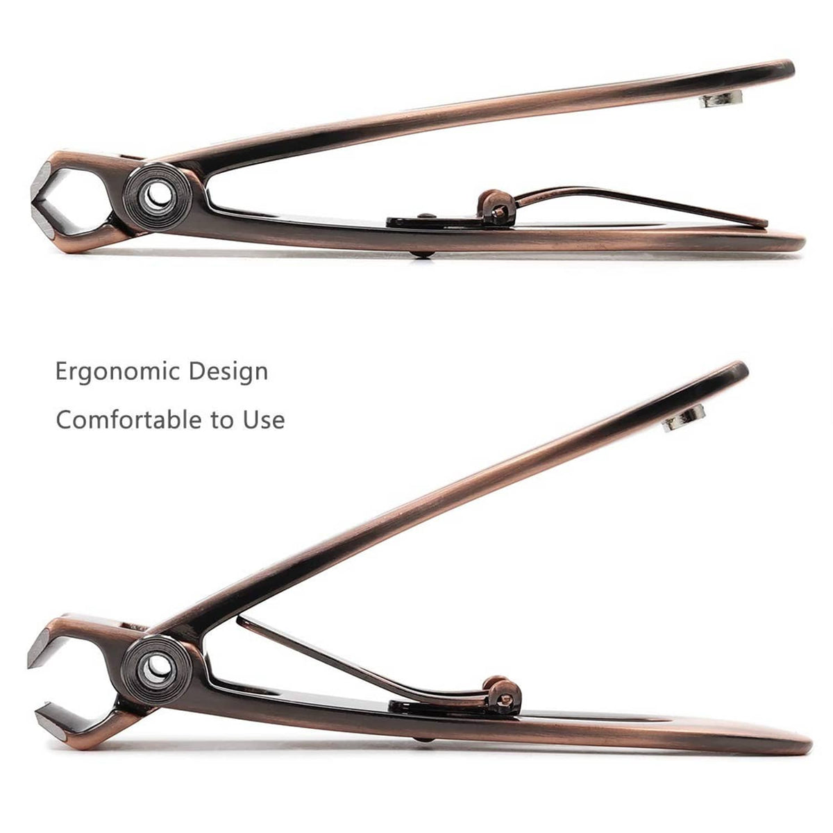 Bronze toenail clipper with ergonomic long handle and wide opening