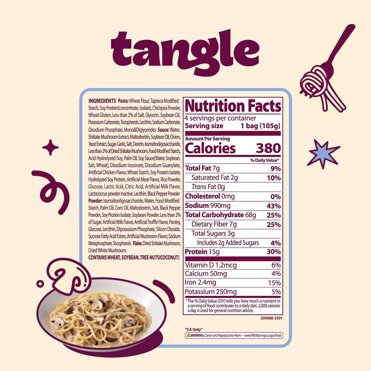 Tangle creamy mushroom pasta nutrition facts panel with ingredients list and serving info