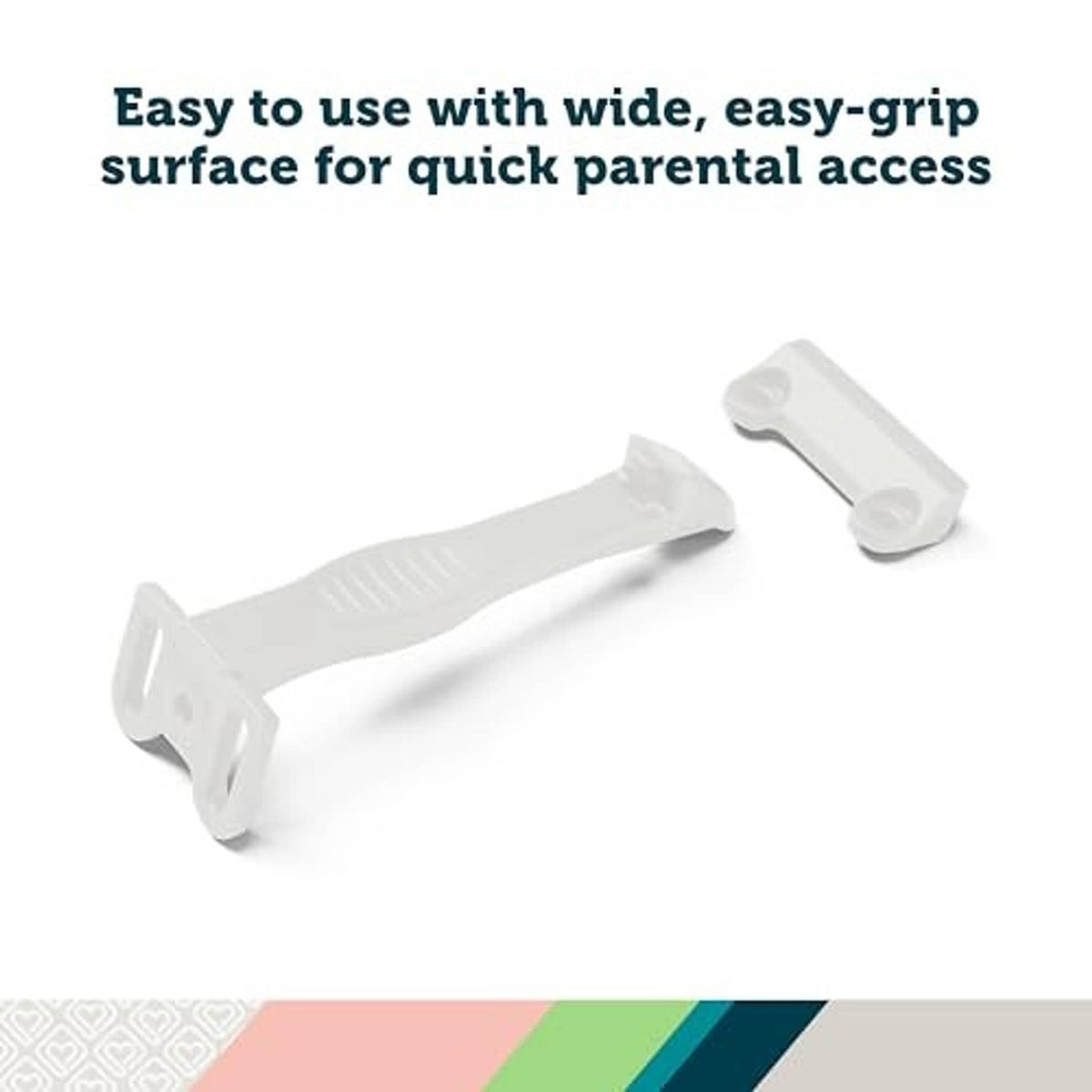 Babyproofing cabinet and drawer latch, white plastic safety locks (2-piece view)