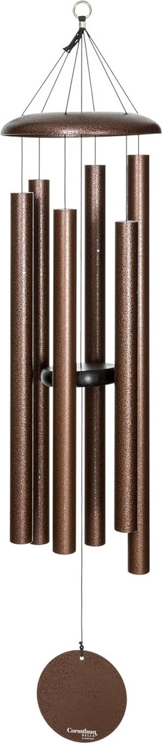 Copper-tone wind chime with multiple tubes, round cap, and hanging disc