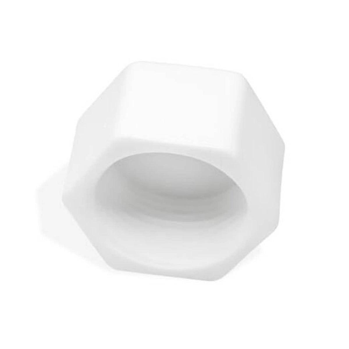 White PVC pipe end cap with hex exterior and open center for 1-inch pipe