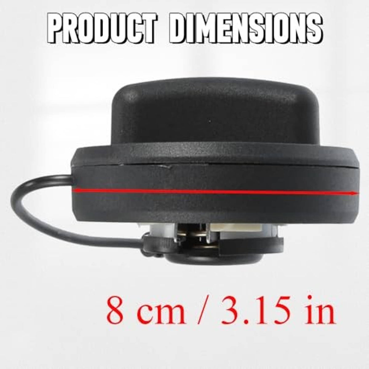 Black fuel tank gas cap with side profile and attached tether wire