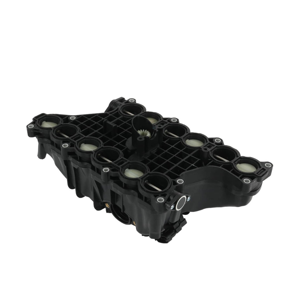 Black plastic intake manifold with grid ribs and multiple round ports
