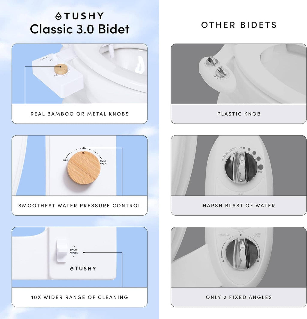 Bidet attachment comparison graphic showing bamboo or metal knob and water pressure control