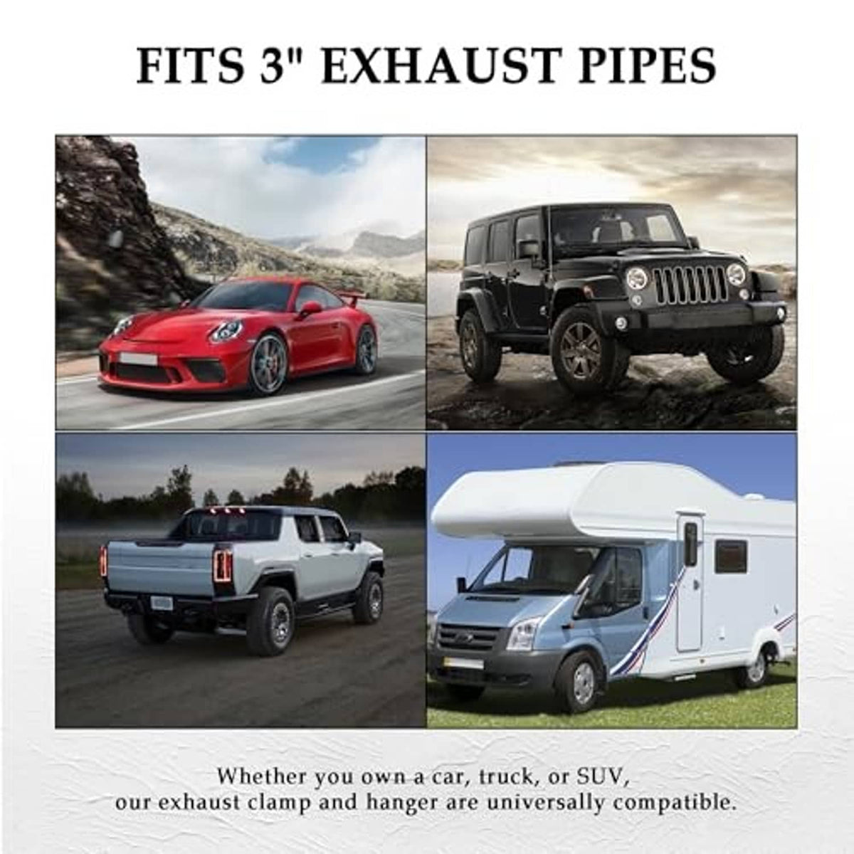 3-inch exhaust hanger clamp compatibility shown with various vehicles
