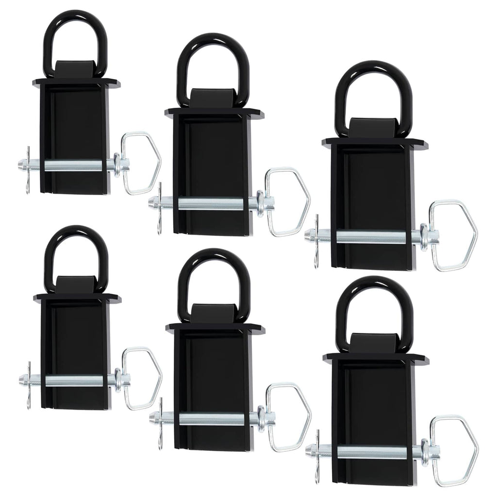 Multiple black stake pockets with D-ring handles and silver support bars and hooks