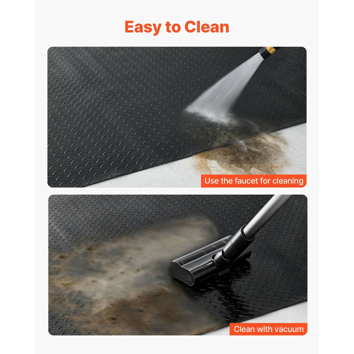 Black PVC garage floor mat with water-spray and cleaning with vacuum shown