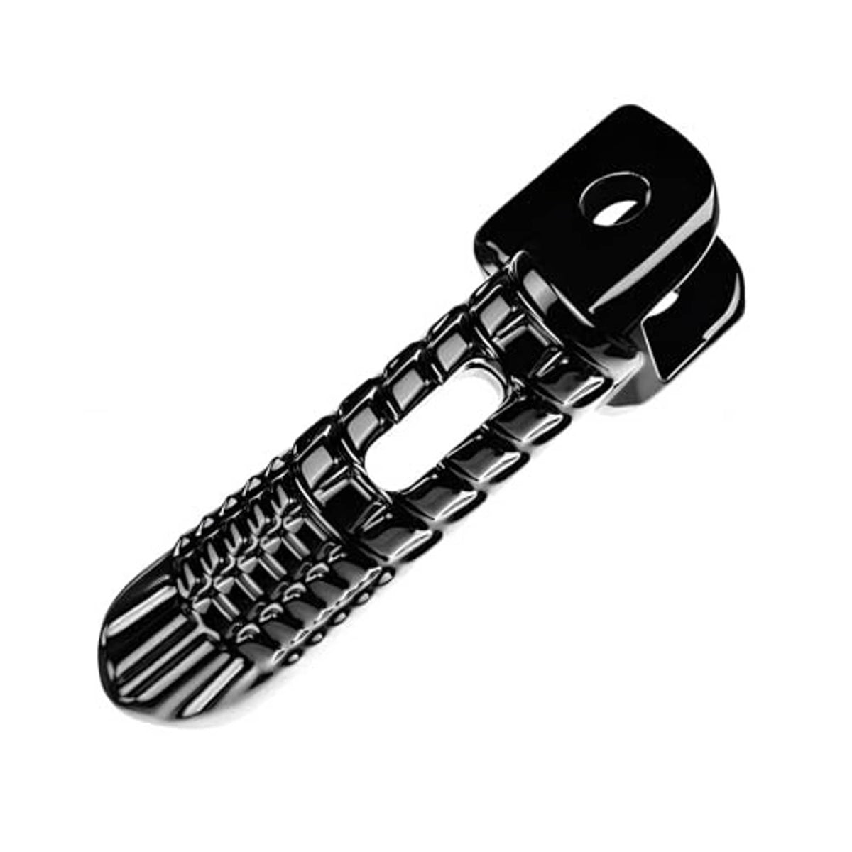Black front foot peg with textured grip and glossy bracket housing, side view.