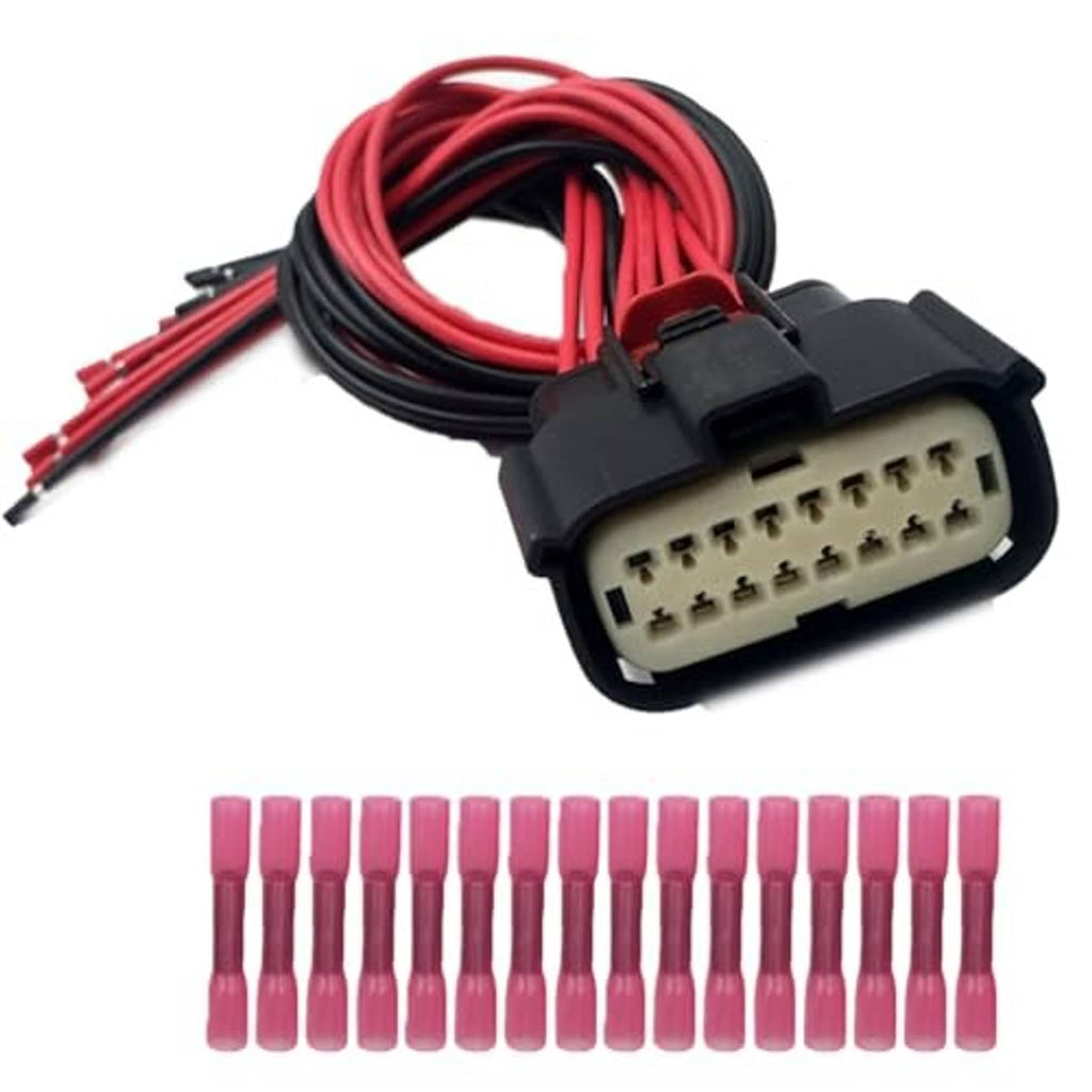 16-pin headlight connector with red and black wire harness and pink pin terminals