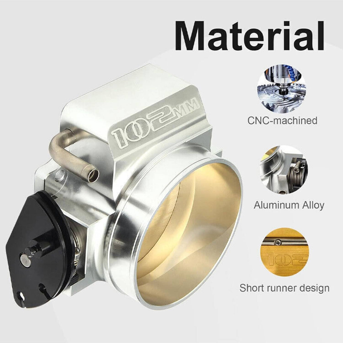 Aluminum 102mm throttle body with CNC-machined silver housing and gold throttle bore