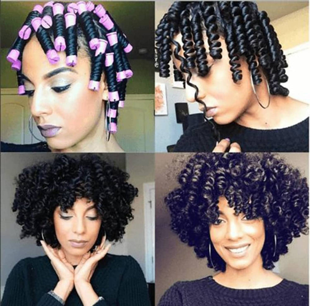 Purple perm rods on hair and finished short curls, angled before-and-after collage