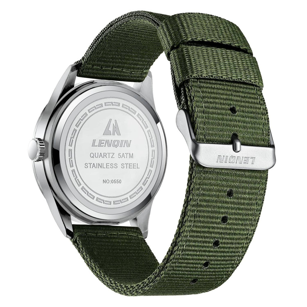 Men's military sport analog watch, silver caseback, green nylon strap