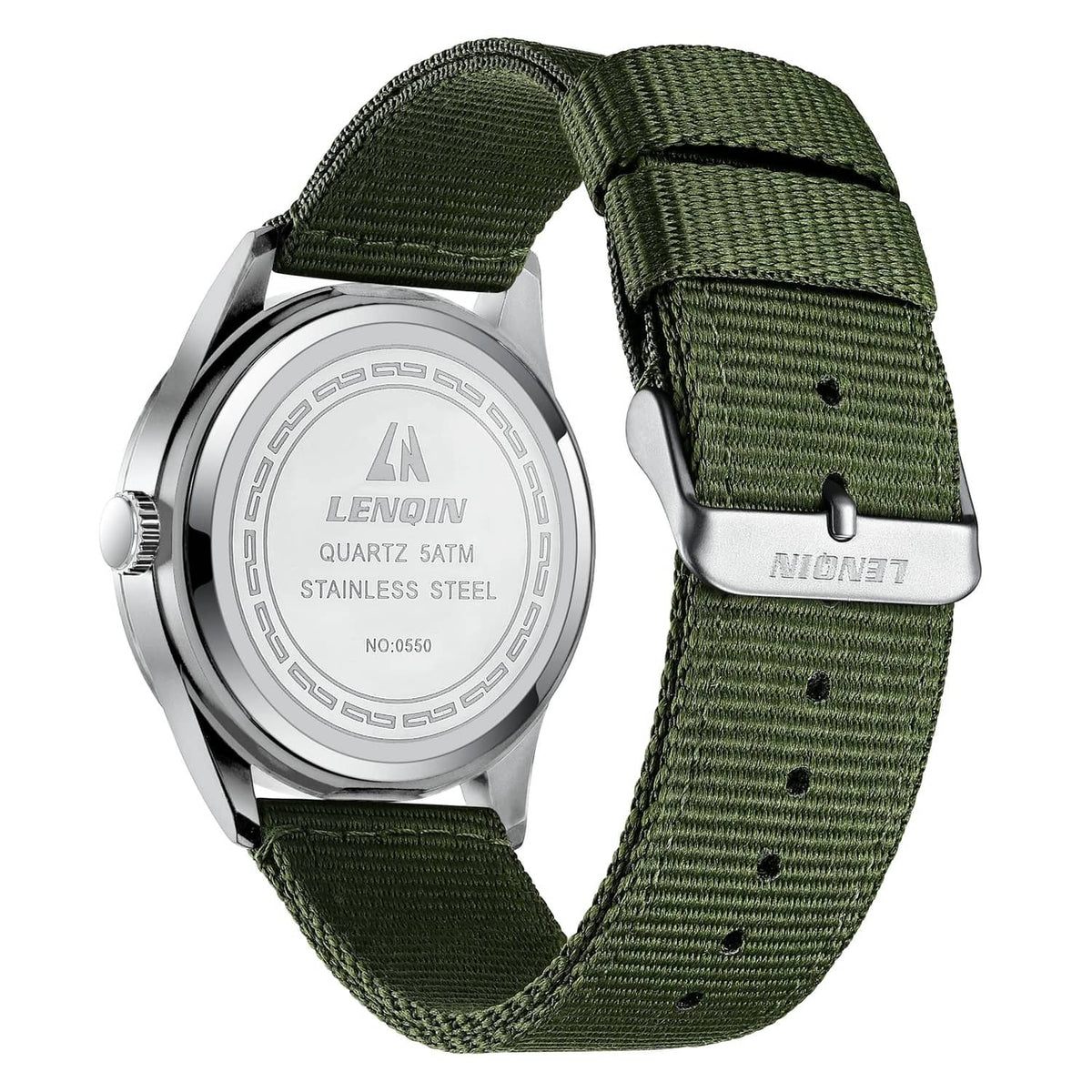 Men's military sport analog watch, silver caseback, green nylon strap