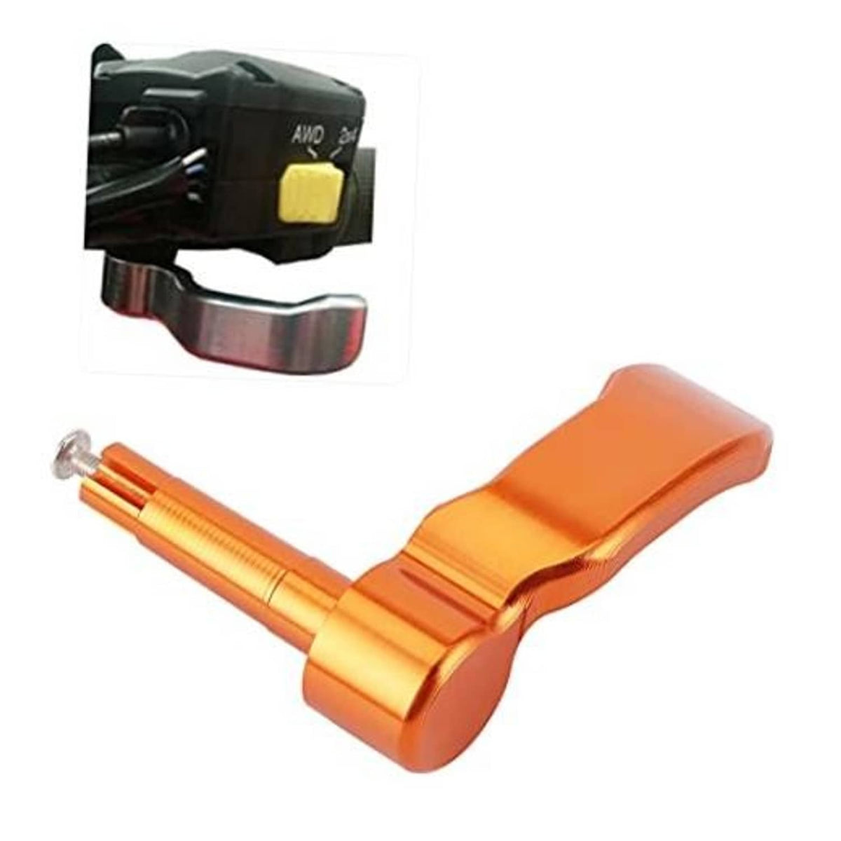 Aluminum thumb throttle control lever, orange anodized finish with mounting screw