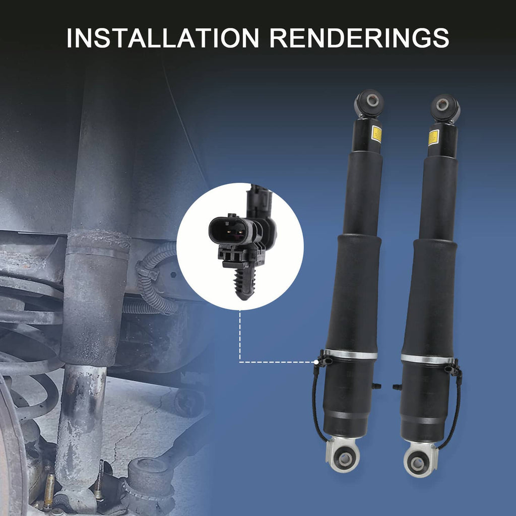 Rear air shock absorber installation view with two black shocks and wiring connector
