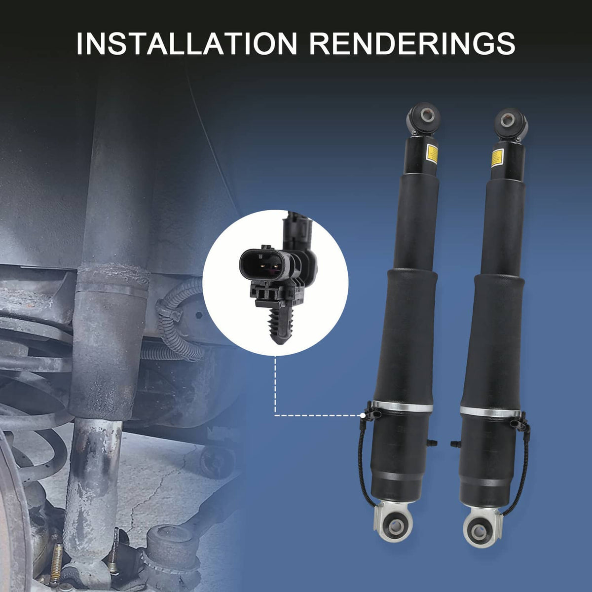 Rear air shock absorber installation view with two black shocks and wiring connector
