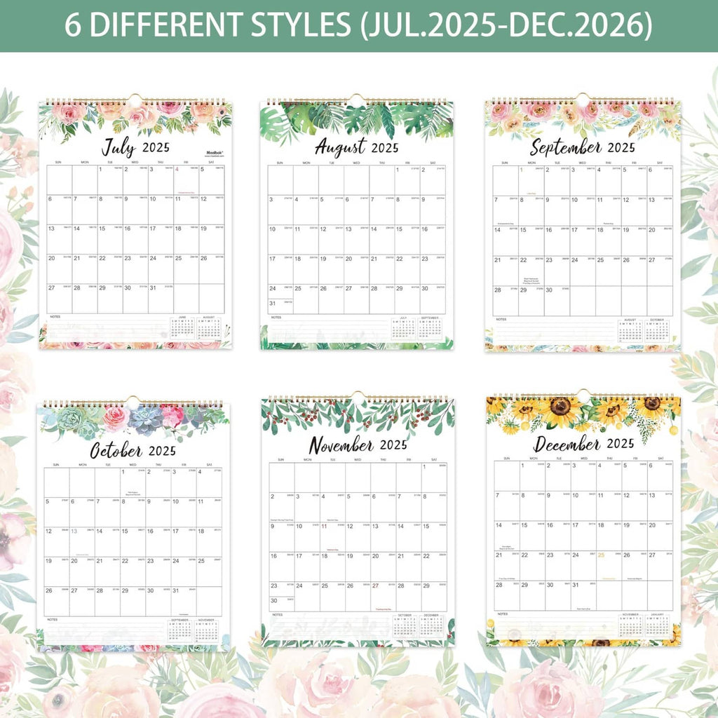 Set of six floral monthly calendar pages with spiral binding, July 2025 to December 2026