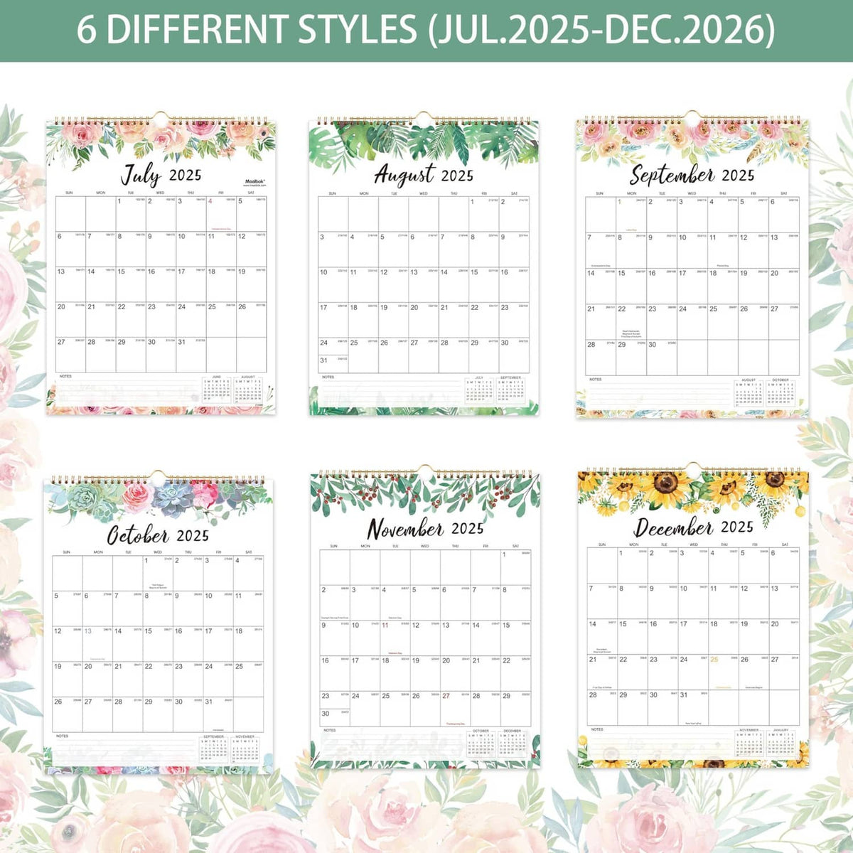 Set of six floral monthly calendar pages with spiral binding, July 2025 to December 2026
