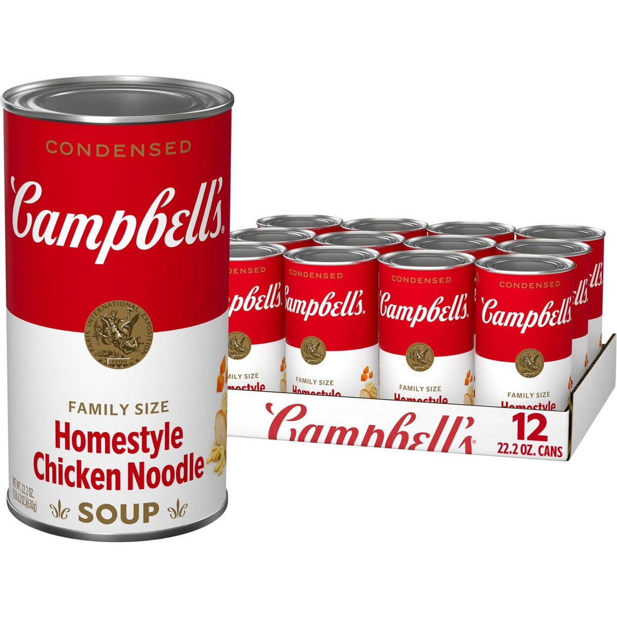 Campbell's condensed homestyle chicken noodle soup family-size can, red and white