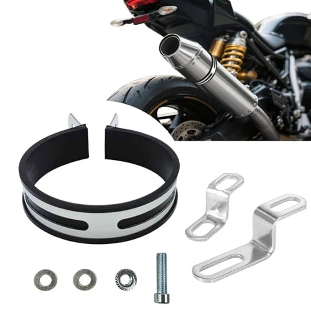 Exhaust clamp ring with black rubber lining, includes two Z brackets and mounting hardware
