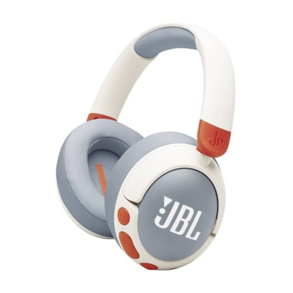 White and gray over-ear kids headphones with orange accents and JBL logo on earcups.